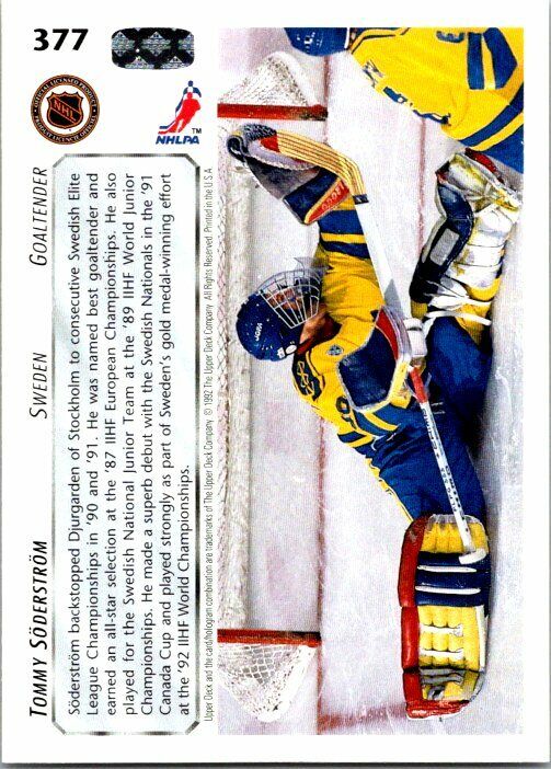 Tommy Soderstrom Sweden Hand Signed 1992-93 Upper Deck Hockey Card 377 NM-MT