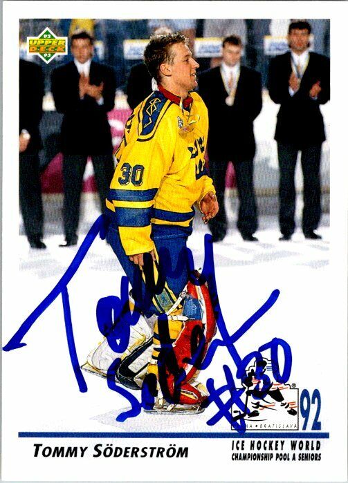 Tommy Soderstrom Sweden Hand Signed 1992-93 Upper Deck Hockey Card 377 NM-MT