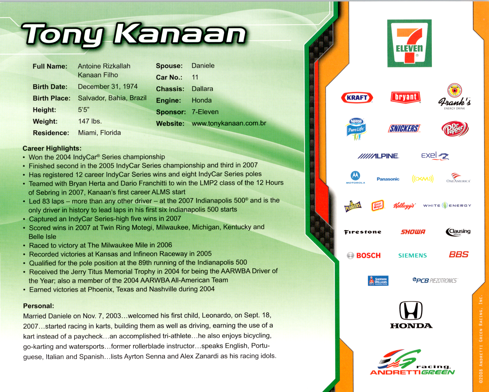 Tony Kanaan 7-Eleven Signed Autographed Cardstock 8x10 Photo A