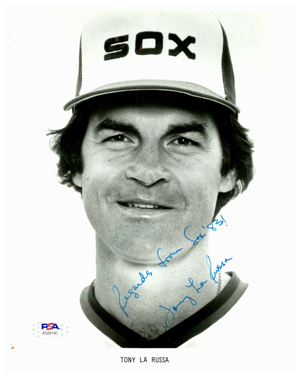 Tony La Russa Vintage White Sox Inscription PSA COA 8x10 Black and White Photo