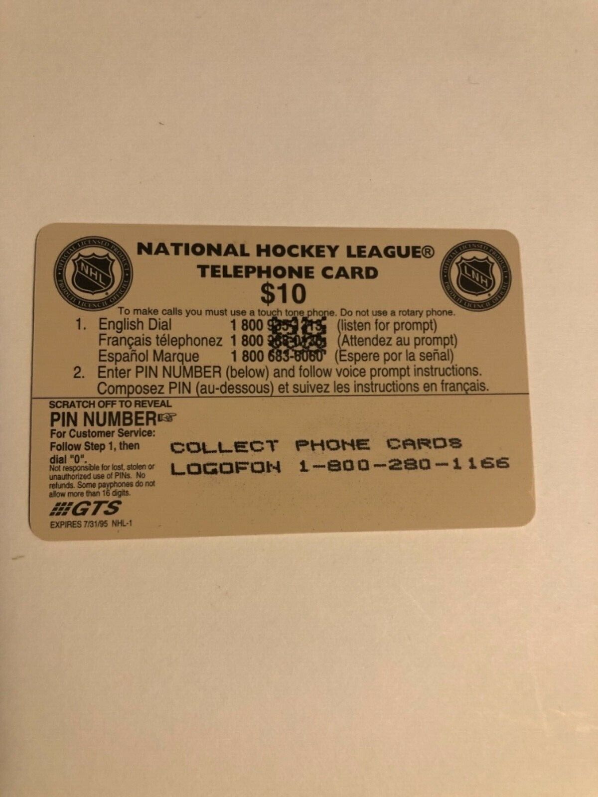 Toronto Maple Leafs Phone Card $10 First Officiallly Licensed NHL Phone Card