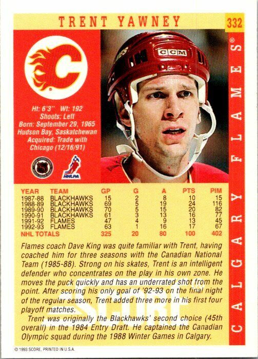 Trent Yawney Calgary Flames Hand Signed 1993-94 Score Hockey Card 332 NM