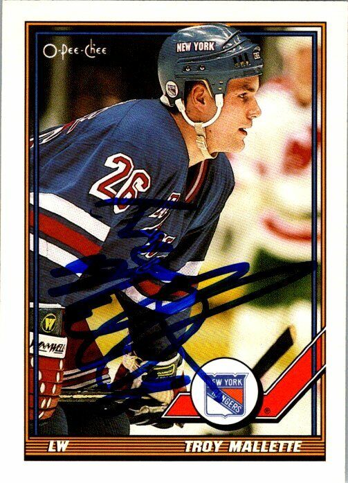 Troy Mallette New York Hand Signed 1991-92 O-PEE-CHEE Hockey Card 474 NM