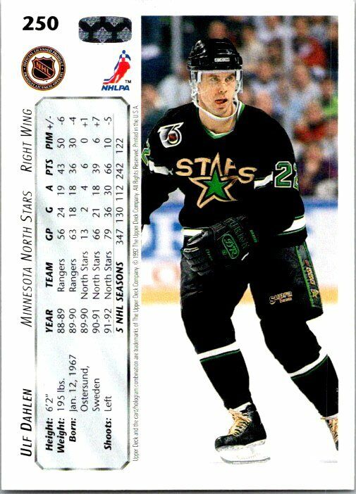 Ulf Dahlen Minnesota North Stars Hand Signed 1992-93 UD Hockey Card 250 NM-MT