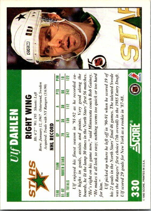 Ulf Dahlen North Stars Hand Signed 1992-93 Score Hockey Card 330 NM-MT