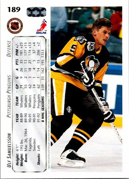 Ulf Samuelsson Pittsburg Penguins Hand Signed 1992-93 UD Hockey Card 189 NM-MT