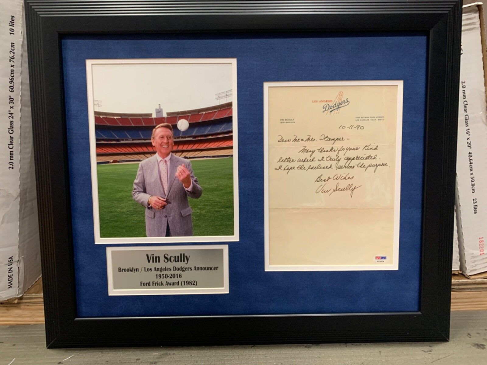 Vin Scully Dodgers Announcer Custom Framed Signed Letterhead Hall of Fame PSA