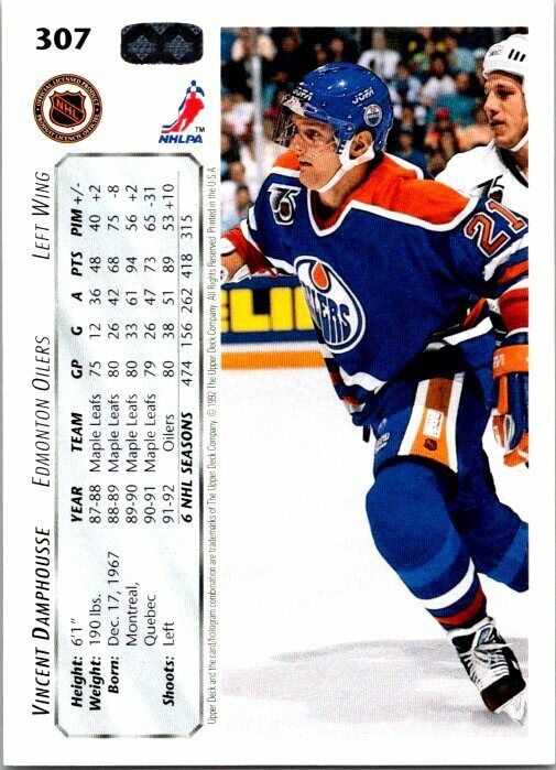 Vincent Damphoussee Oilers Hand Signed 1992-93 Upper Deck Hockey Card 307 NM-MT