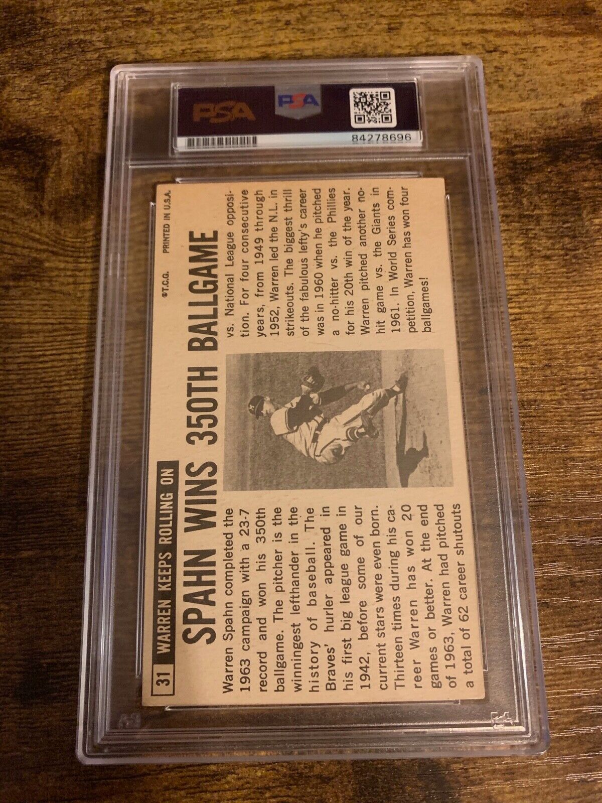 Warren Spahn Braves Autographed 1964 Topps Giant Baseball Card PSA Slabbed Cert