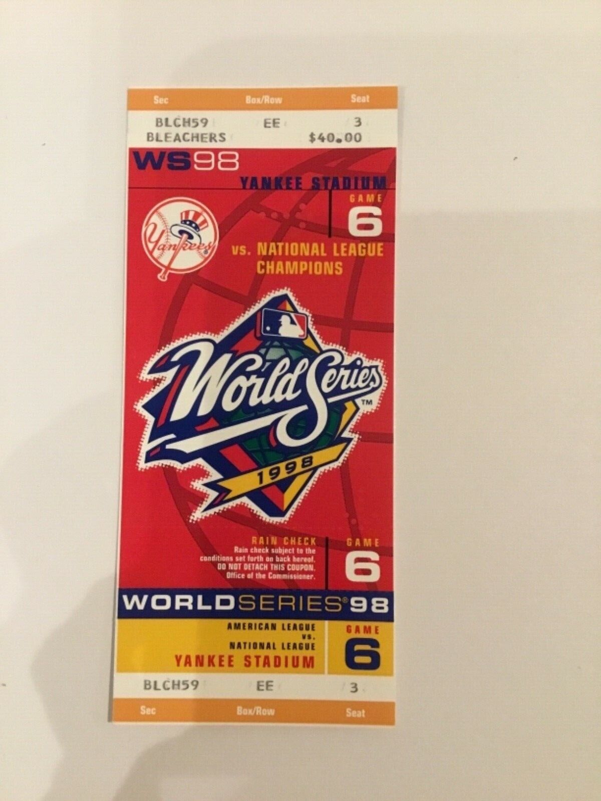 World Series Ticket 1998 Game 6 Yankees