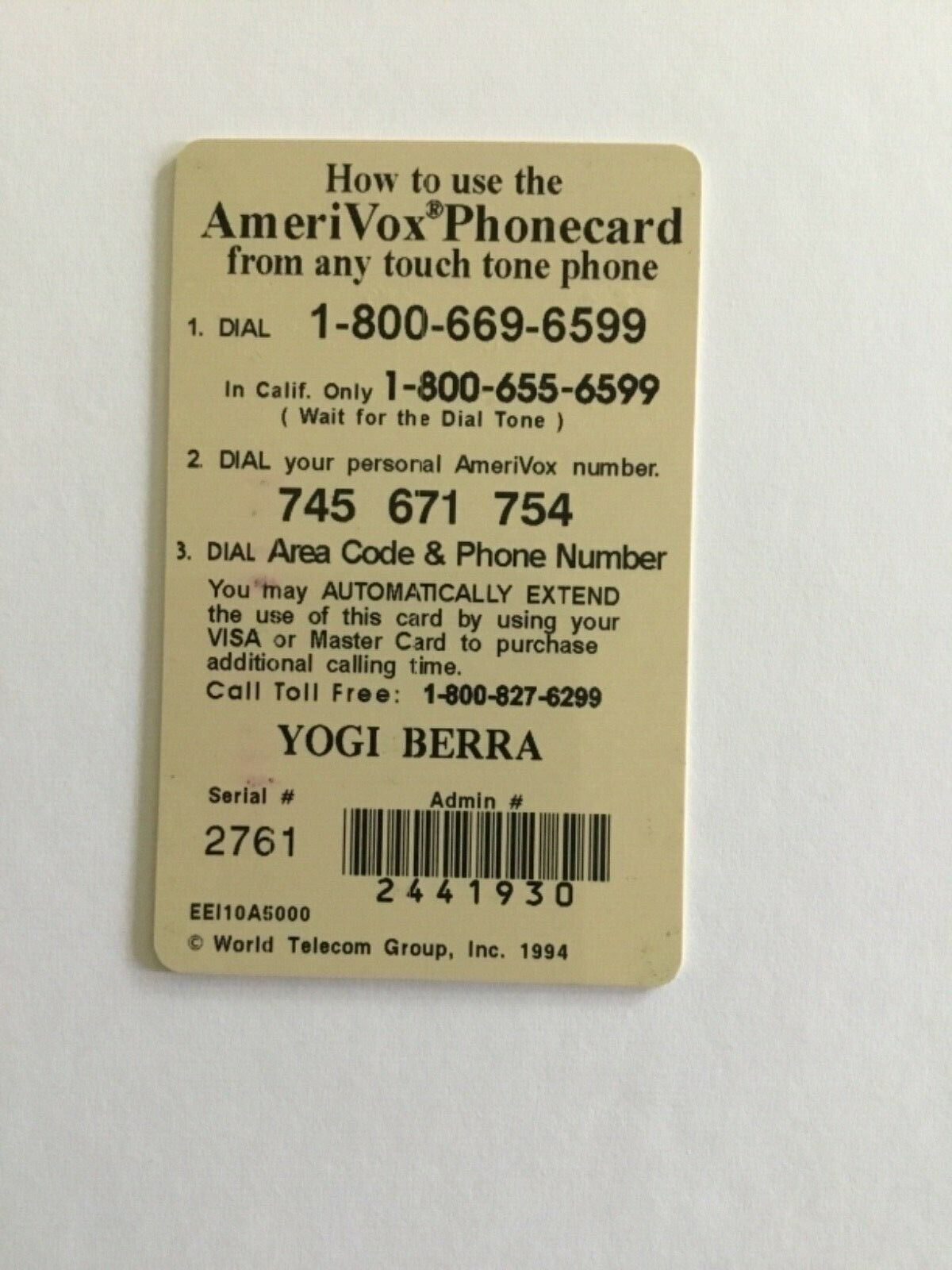 Yogi Berra $10 AmeriVox Phone Card