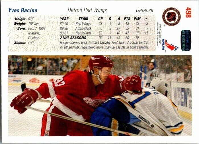Yves Racine Detroit Red Wings Hand Signed 1991-92 UD Hockey Card 498 NM-MT