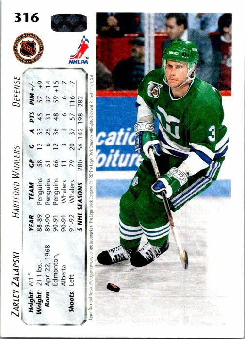 Zarley Zalapski Hartford Whalers Hand Signed 1992-93 UD Hockey Card 316 NM
