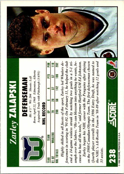 Zarley Zalapski Hartford Whalers Hand Signed 1992-93 Score Hockey Card 238 NM
