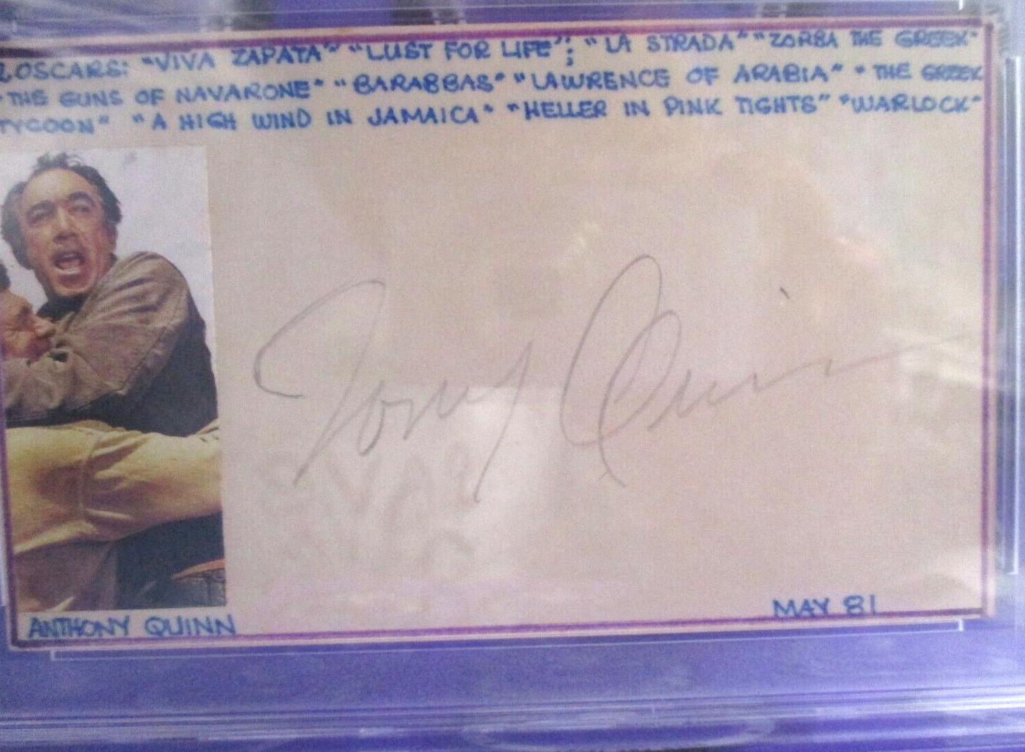 Anthony Quinn Autographed Index Card Signed PSA Certified #84688608 Slabbed