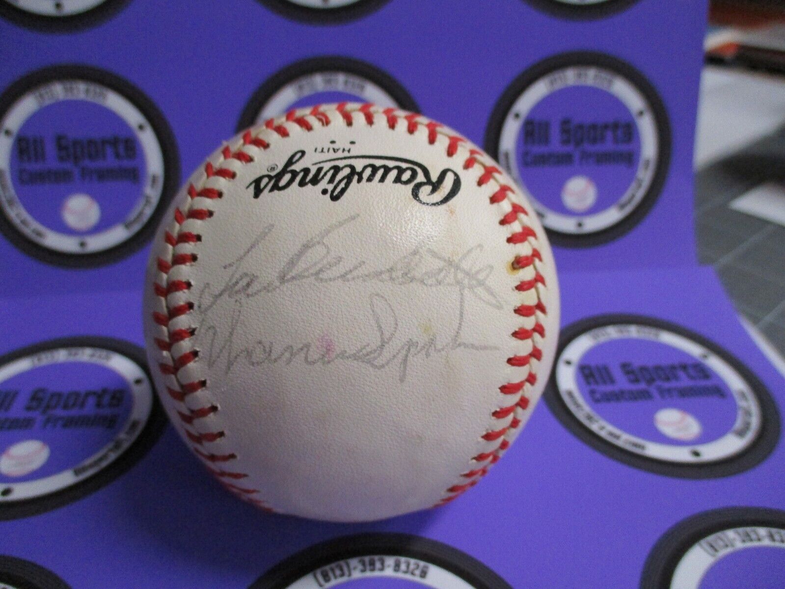 Warren Spahn Lew Burdette Autographed Baseball JSA #AD60450 Feeney Ball
