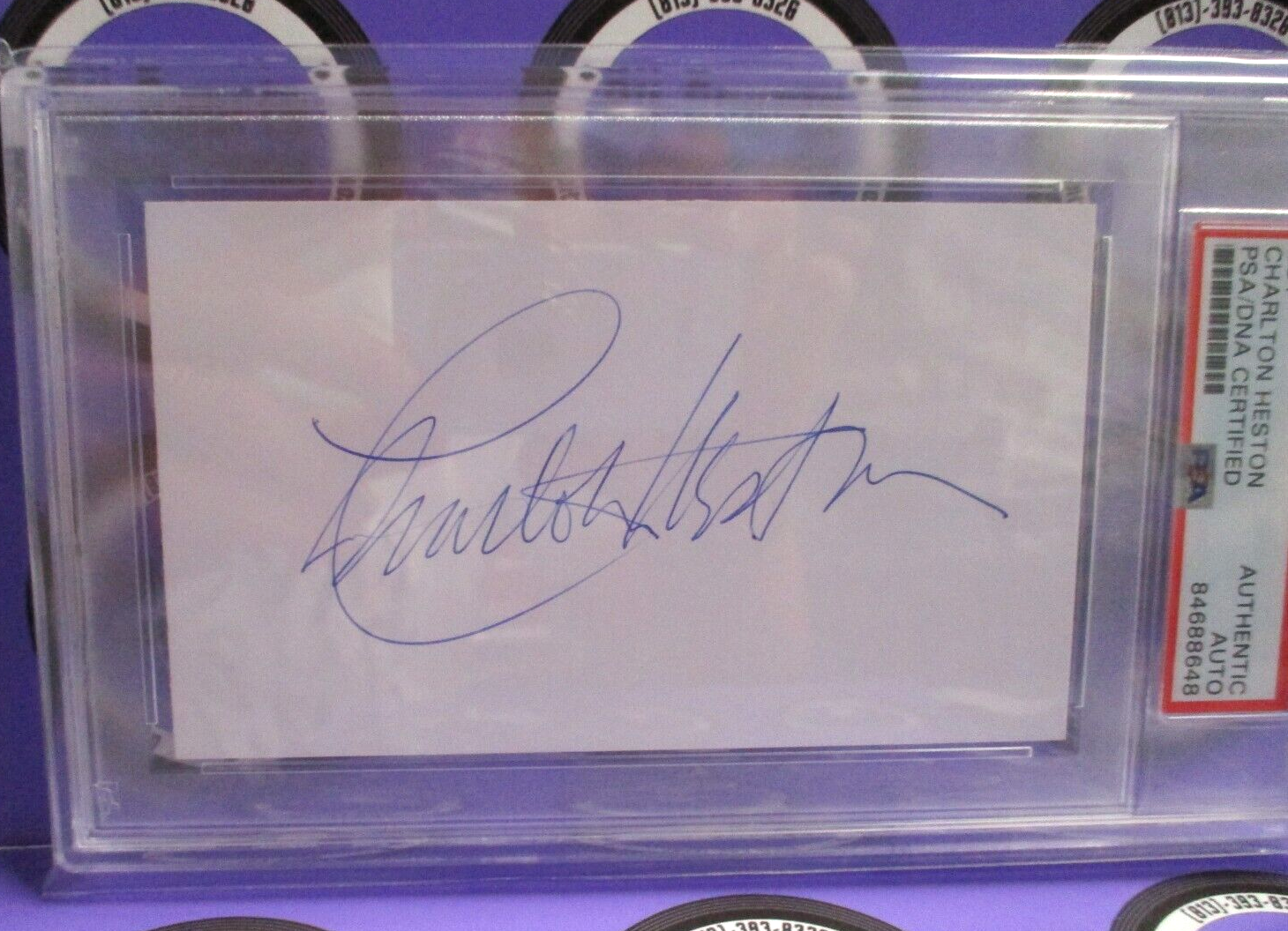Charlton Heston Autographed Index Card Signed by PSA Certified #84688648 Slabbed